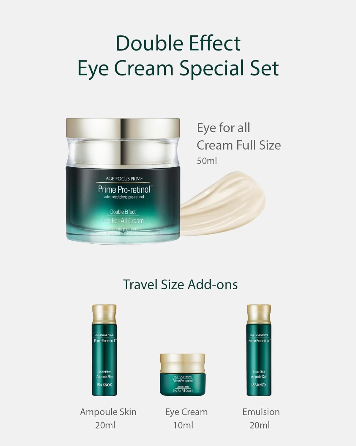 Isa Knox AGE FOCUS Prime Double Effect Eye For All Cream Set (3.4fl oz) - Korean Skincare Set, Lightweight Rich Eye Cream, Toner, Emulsion with Daytime Retinol,