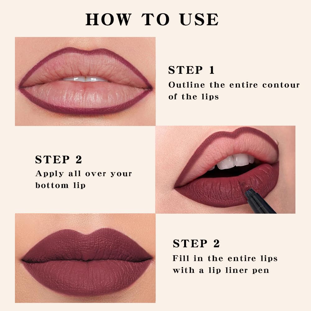 evpct Longwear Liquid Lip Liner Stain Marker Pen Long Lasting Waterproof, Wine Red Plum Matte Semi Permanent 24 Hour Lip Liner and Lipstick Combo Korean Color Stay Lipliner All Day Lips Stain peel off