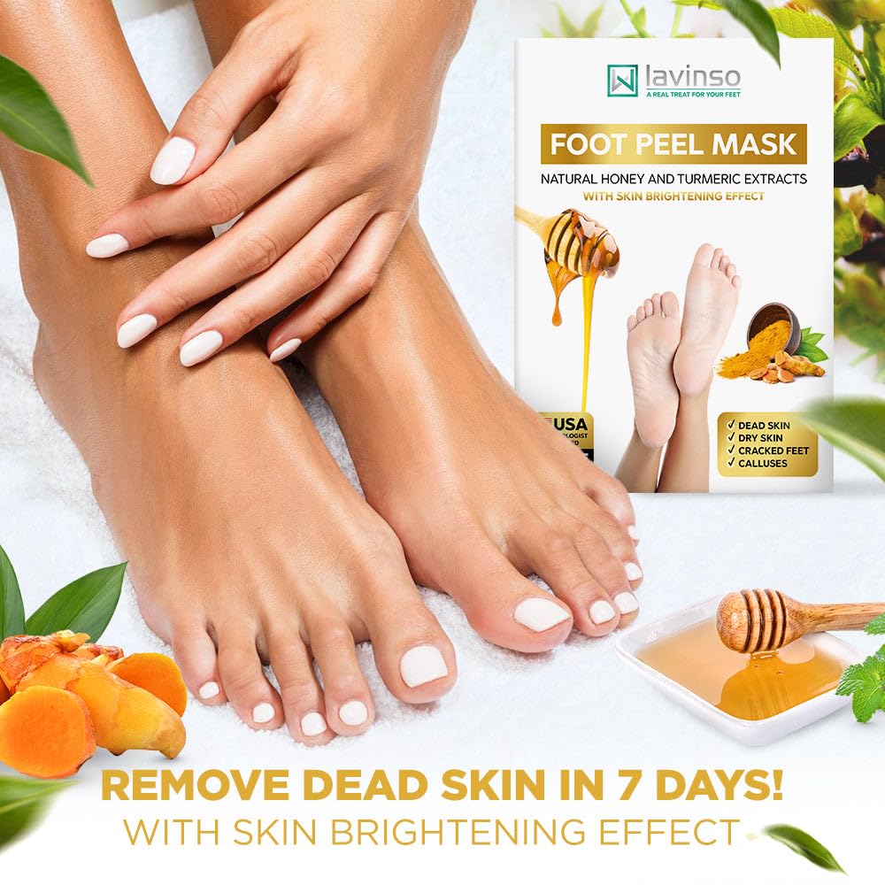 Lavinso Honey Feet Peeling Mask for Dry Cracked Feet - 2 Pack - with Kojic Acid Skin Brightening Effect - Exfoliating Dead Skin and Calluses - Foot Peel Mask for Baby Soft Feet