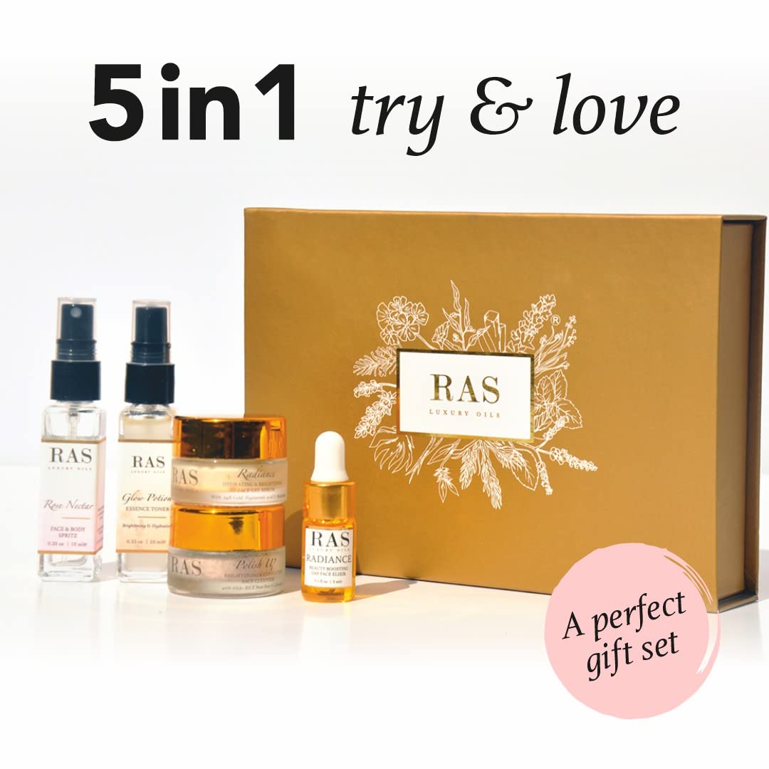 Quick Glow Kit, Hydrating Essence Toner, Exfoliating Face Cleanser, 24K Gold Face Elixir, Face Gel Serum, Face & Body Toner | Smoothens & Softens Skin, Deep Cleanser | Set of 5 - RAS LUXURY OILS