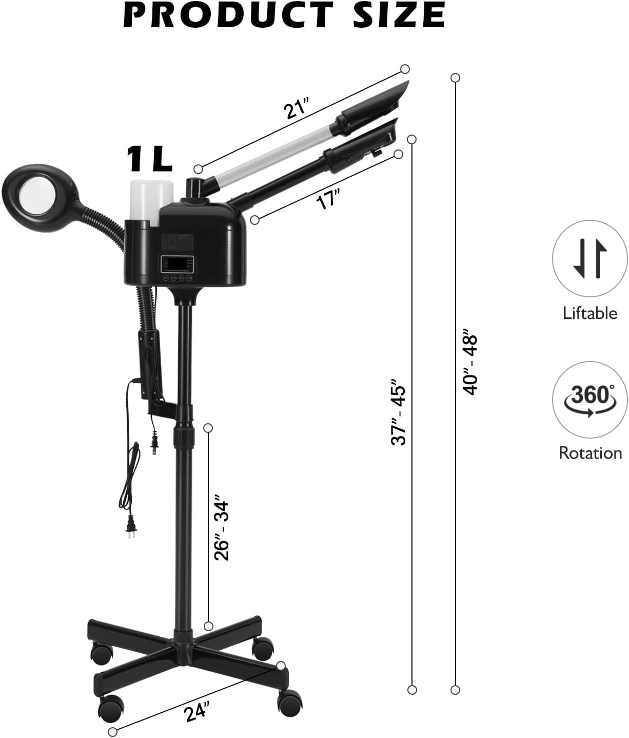 Artist hand Professional 3 in 1 Facial Steamer Upgrade Esthetician Steamer with hot & Cold Nozzle 5X LED Magnifying Lamp Beauty Salon Spa Black