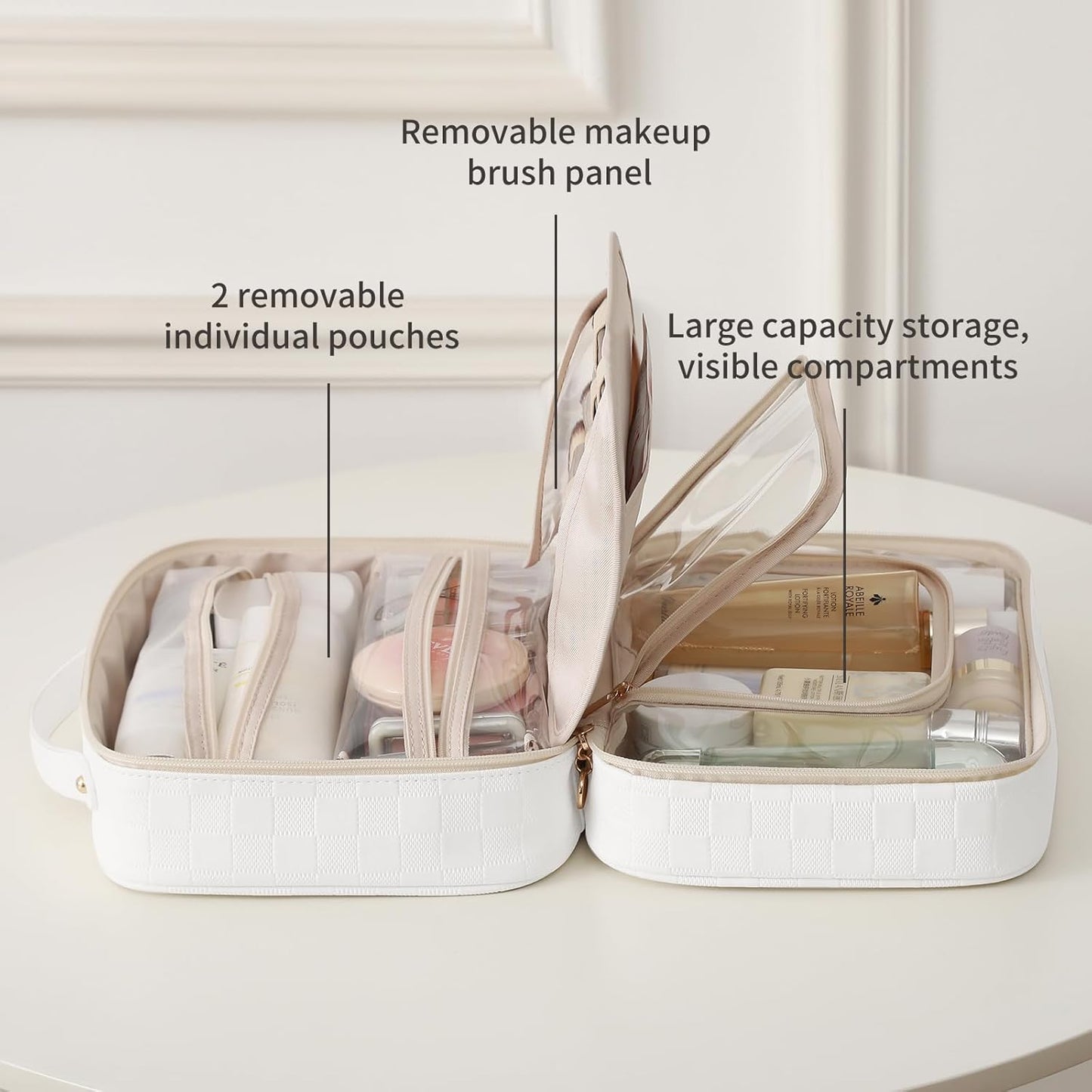 RIGHT AWAY Travel Toiletry Bag for Women, Waterproof Makeup Bag&Case, Portable Cosmetic Organizer Checkered Make up Bag for Full Sized Toiletries,Cosmetics and Travel-Size Accessories,White Checkered