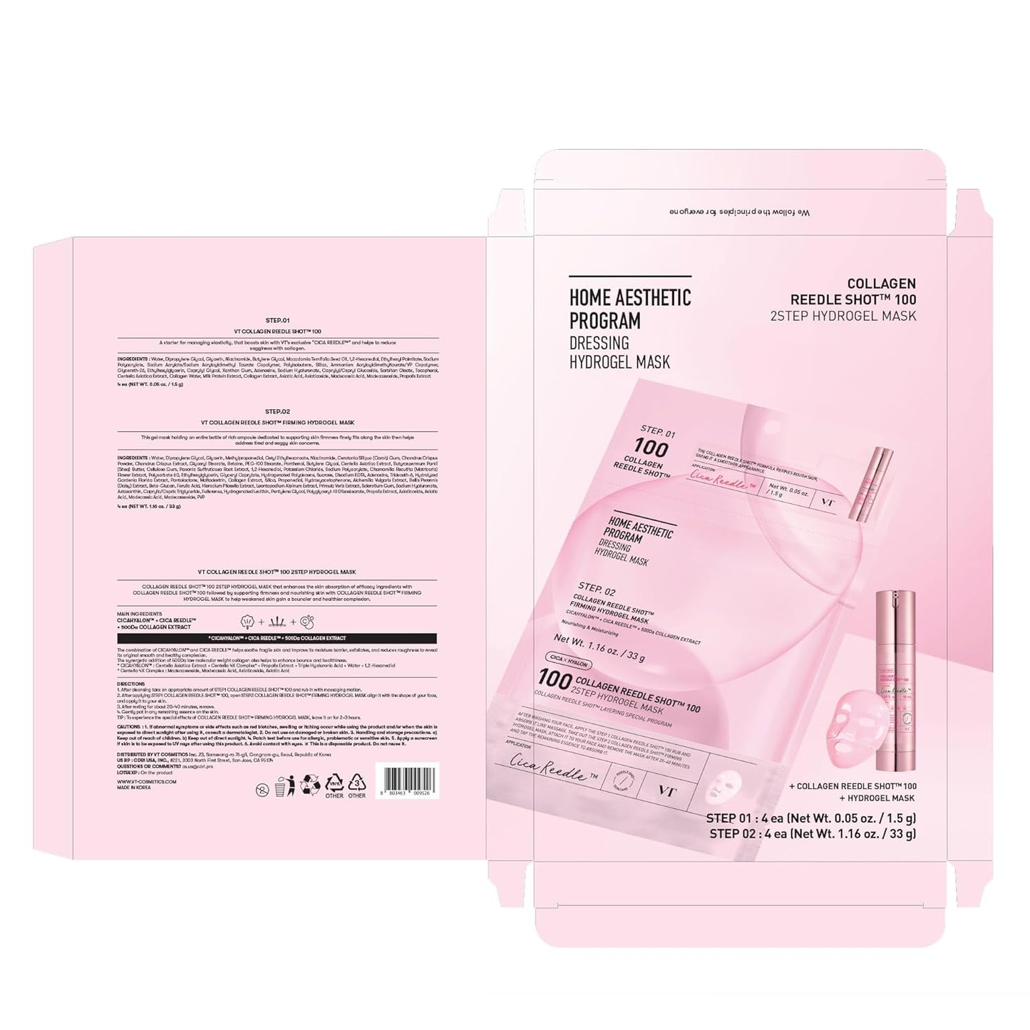 VT COSMETICS Collagen Reedle Shot 100 2-Step Hydrogel Mask(34.5gx4ea), Intensive Firming, Exosome 500Da Collagen, Fine Lines, Overnight Melting Mask, Korean Facial Mask, Pink Collagen