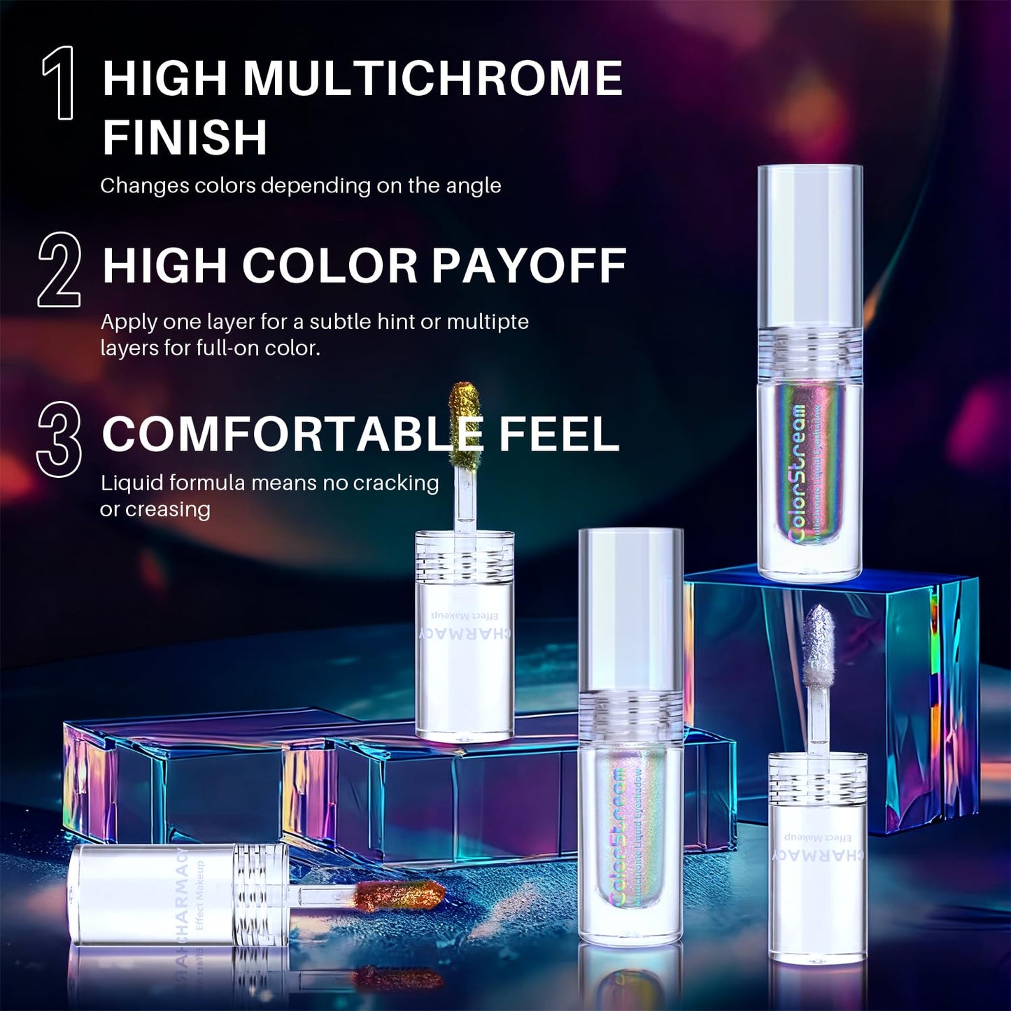 CHARMACY Multichrome Liquid Metallic Eyeshadow, Chameleon Shifting Color, Holographic Glitter Eyeshadow, Long Lasting Wear, Vegan Eye Topper for Party, Daily Makeup #03