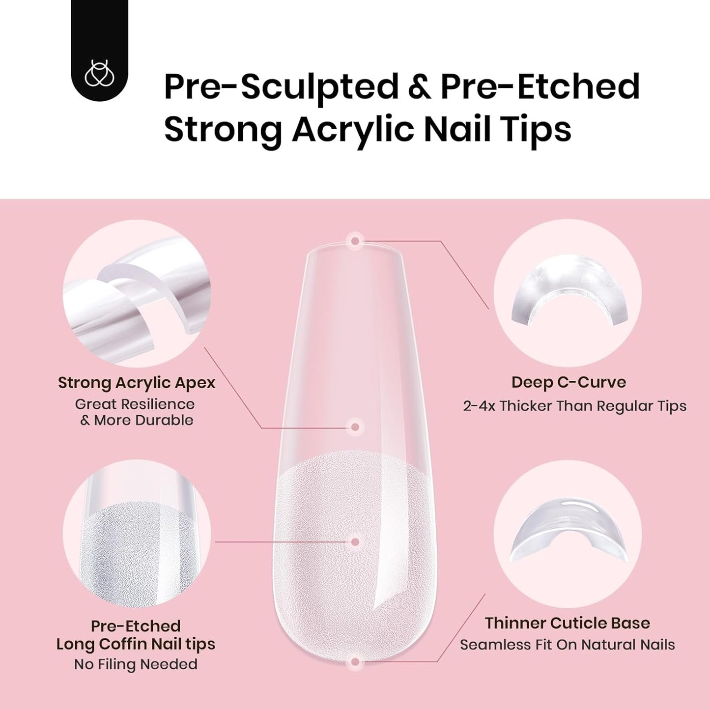 Beetles Tipex Instant Apex Nail Tips, 2 Boxes 256 PCS (Total 512 PCS), Pre-etched Long Coffin Acrylic Gel Nail Tips, Thick Clear Full Cover False Nails