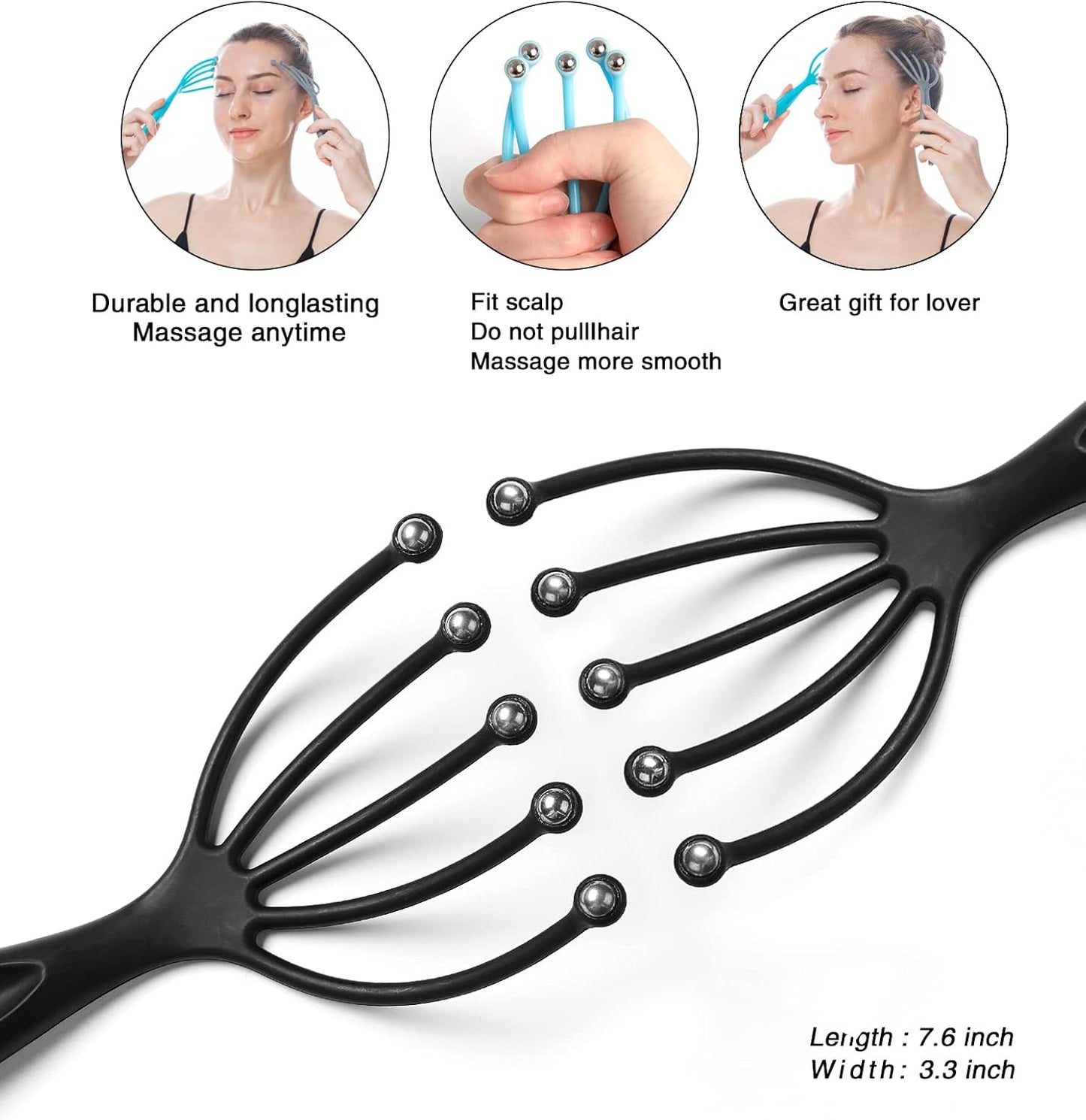 Head Massager,Protable Handheld SPA Scalp Massage Tool for Deep Relaxation & Stress Reduction Wet and Dry in The Office Home SPA (2-Pack) (Black Black)