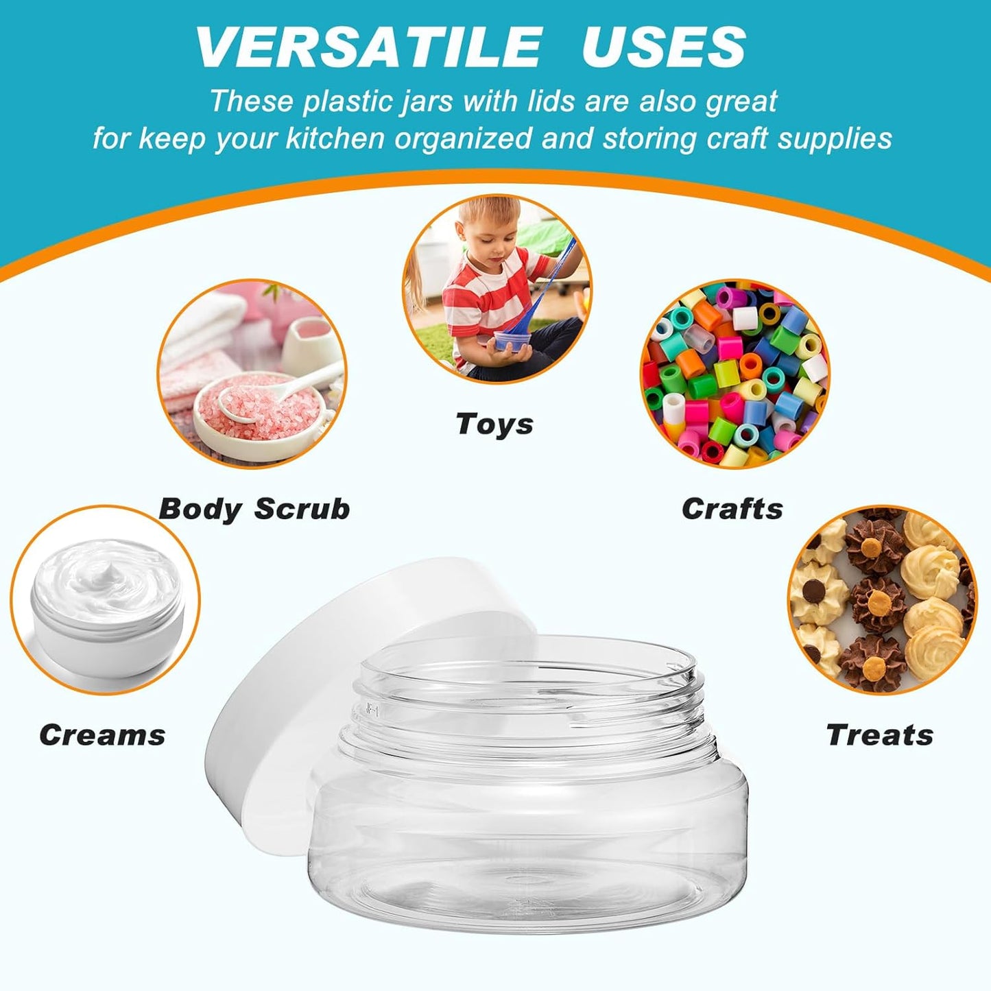 Tessco 24 Pack Plastic Jars with Lids Labels Empty Clear Plastic Jars Round Refillable Cosmetic Containers Body Butter Containers Bulk Sugar Scrub Bottle for Make Up(8 oz,White)