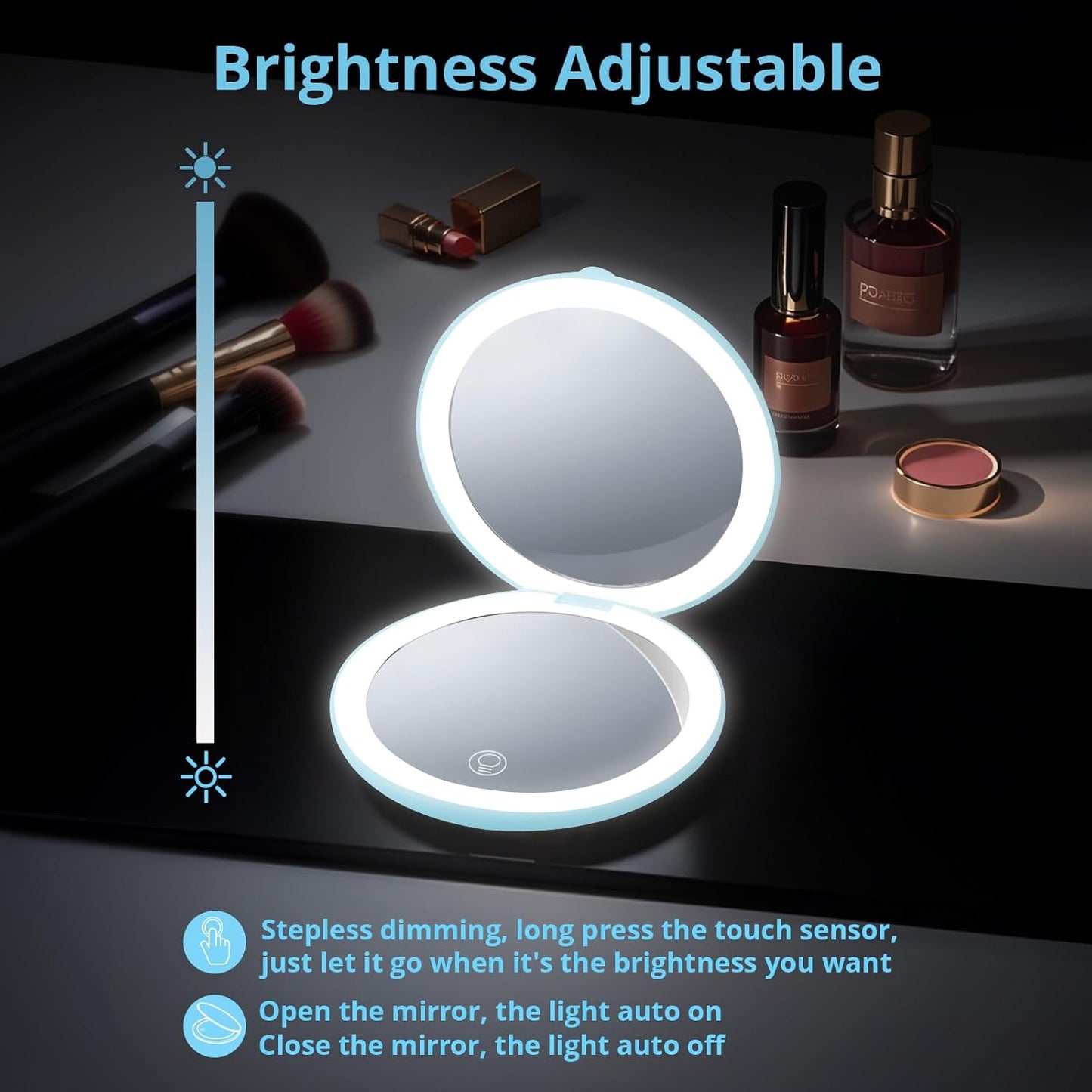 Fabuday Travel Compact Magnifying Makeup Mirror with Lights - Large 4.8'' Wide Led Lighted Portable Mirror with 1x/20x Magnification, Rechargeable Small Foldable 3 Color Lighting Mirrors, Blue