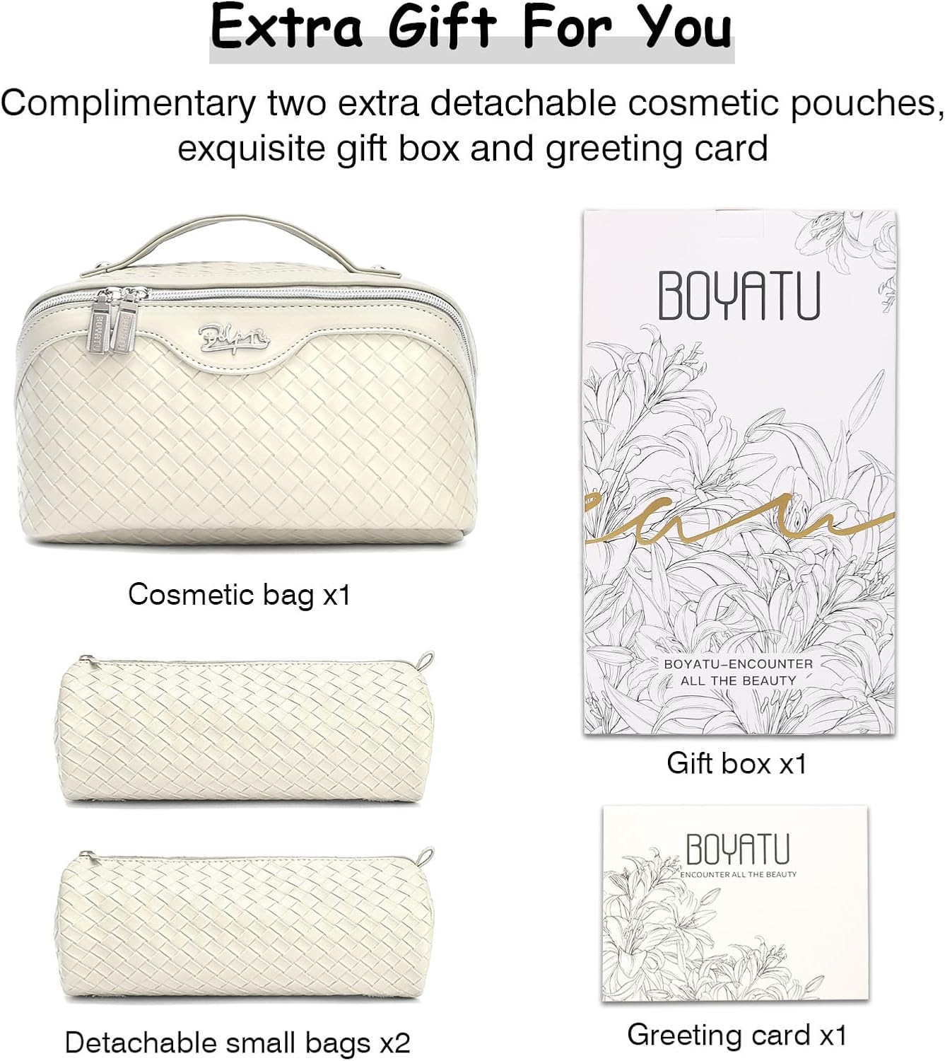 BOYATU Travel Makeup Bags for Women: Large Cosmetic Bag - Vegan Leather Make up Bags Set of 3 - Protable Toiletry Bag Compact Organizer with Compartments (L09 Beige)