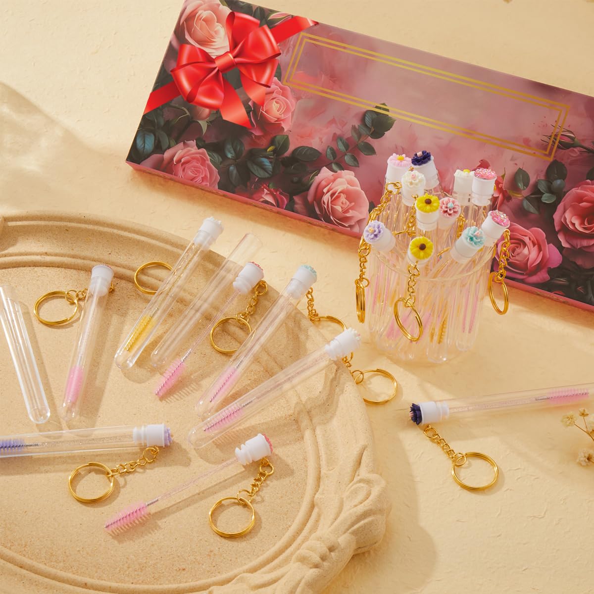 Upgrade 48 Pieces Disposable Mascara Wands Set,Include 24 Pcs Crystal Lash Spoolies Brush 24 Pcs Reusable Keychain Empty Eyelash Brush Tubes Christmas Holiday Gift Women Girls