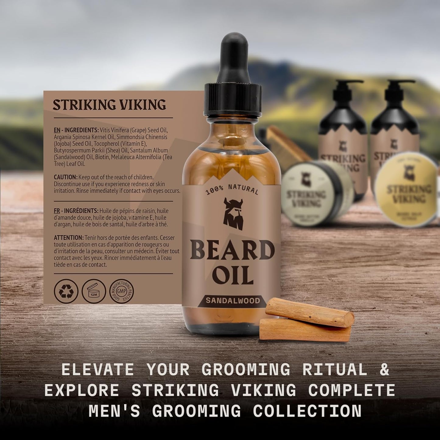 Striking Viking Beard Oil for Men - 2 Fl Oz, 2 Pack, Sandalwood Scent - Naturally Derived Conditioner with Almond, Tea Tree, Argan & Jojoba Oil for Beard Growth, Softening & Moisturizing