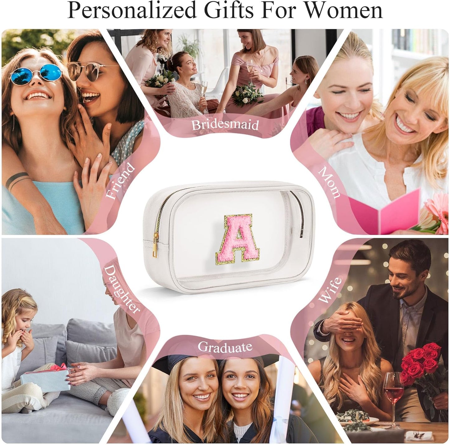 YOOLIFE Initial Make Up Bag Travel Toiletry Bag, Clear Makeup Bag Preppy Cosmetic Bag Clear Makeup Bags With Zipper Girlfriend Teacher 6 Year Old Girl Gifts Daughter Gifts Swim Gifts For Girls White N