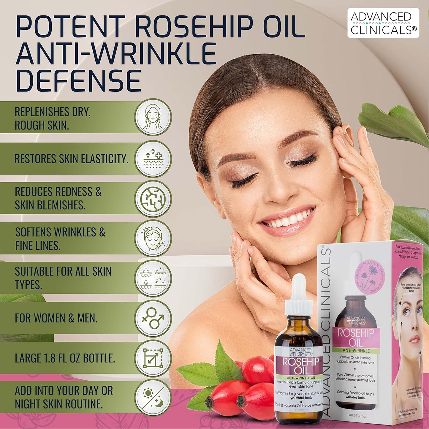 Advanced Clinicals Rosehip Oil Facial Skin Care Serum Moisturizer Face Oil W/Vitamin C & Vitamin E For Reducing Appearance Of Sun Damage Skin, Age Spots, & Wrinkles, 1.8 Fl Oz (Pack of 2)