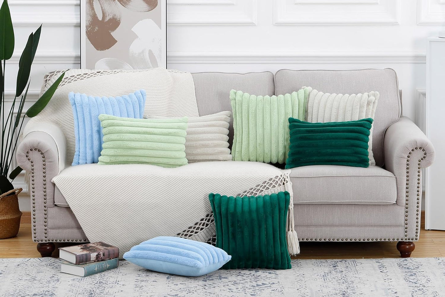 MADIZZ Set of 2 Faux Wool Plush Decorative Throw Pillow Covers 22x22 Inch Light Blue Fluffy Striped Soft Decorative Cushion Cover for Sofa Bedroom Pillow Shell