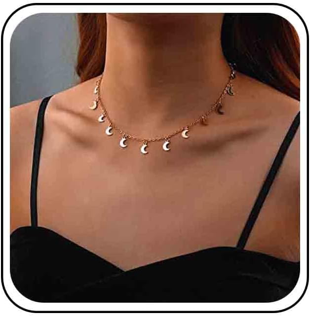 Vintage Moon Dangle Necklace Curved Moon Pendant Necklace Tiny Moon Choker Necklace Gold Minimal Choker Necklace Jewelry for Women