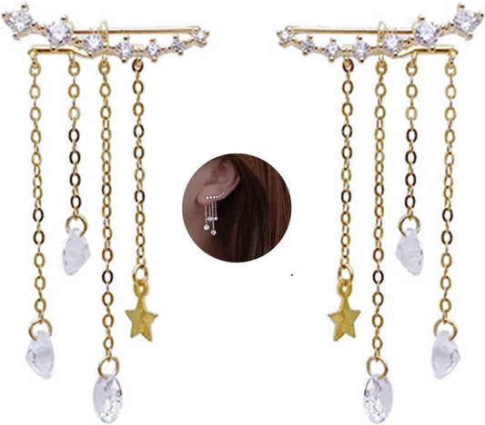 Boho Star Ear Jacket Earrings Gold Cz Star Ear Climber Earrings Crystal Chain Tassel Earrings Crystal Ear Crawler Long Chain Earrings Jewelry for Women and Girls Gifts
