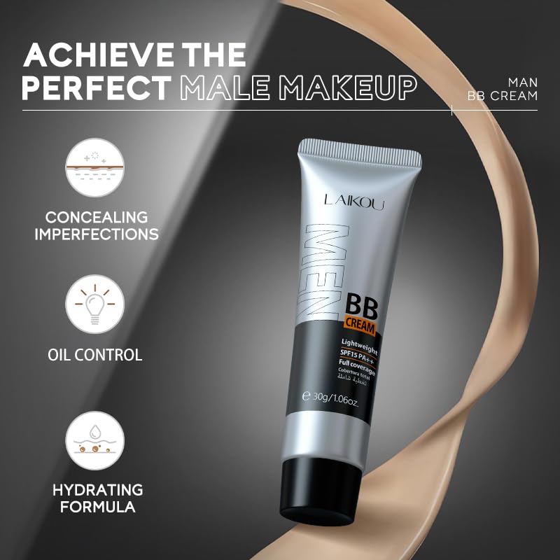 AKARY Hydrating Men BB Cream SPF 15 PA++, Full-Coverage Foundation&Concealer, Mens Face Moisturizer Cream Evens Skin Tone, Oil Control and Cover Flaws, Natural Finish for All Skin Types, Light 160