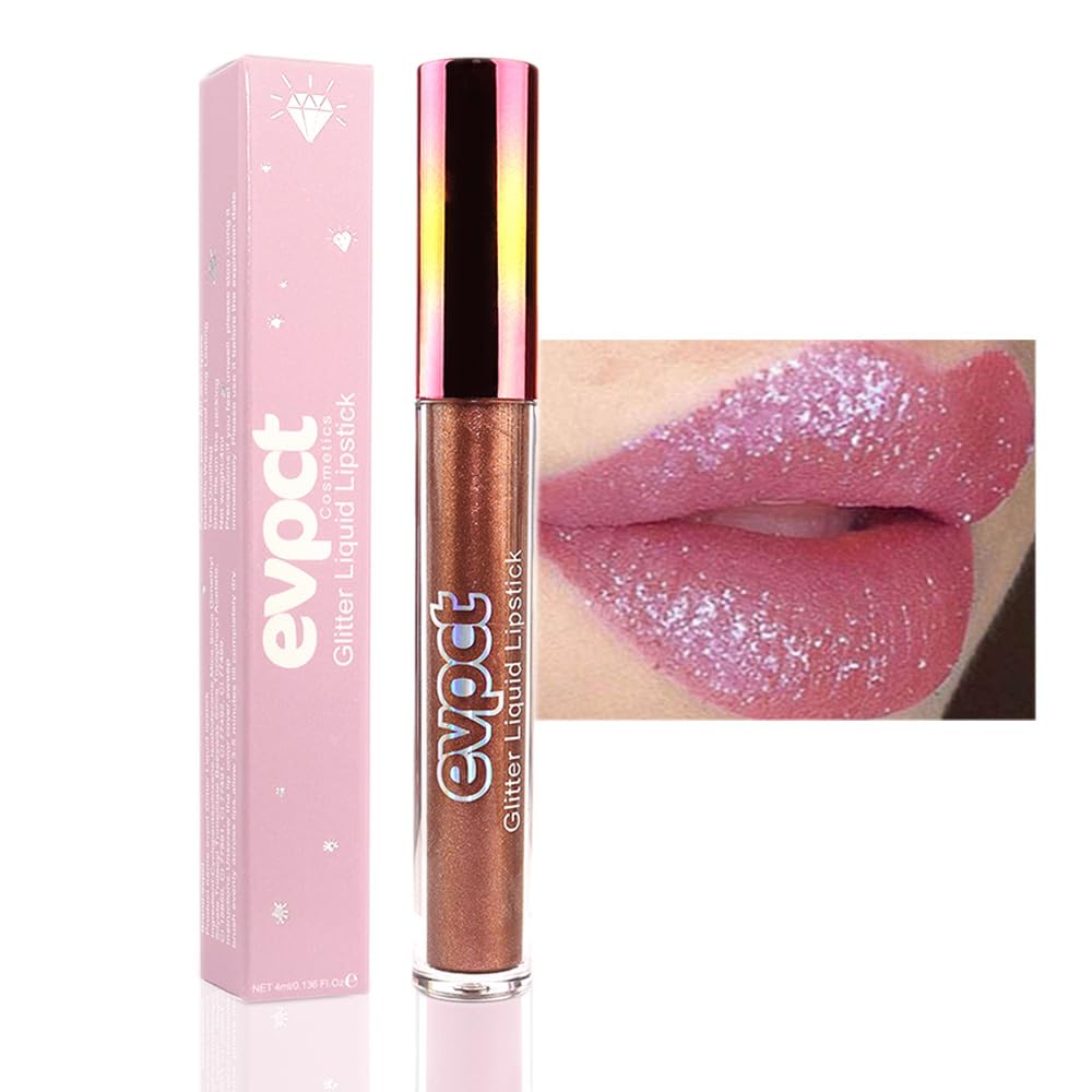 evpct 1Pcs Plum Red Glitter Metallic Shimmer Diamond Lipstick Lip Gloss Stain Set for Women Long Lasting Waterproof, Mauve Red Sparkle Glitter Matte long Wear Liquid Lipstick Lip Makeup Kit, 15#
