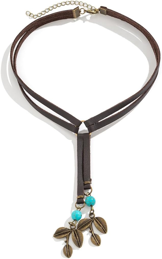 Y2K Necklace Puffy Turquoise Beaded Necklaces Pendant Boho Necklace Leather Choker Wrap Necklaces Jewelry for Women