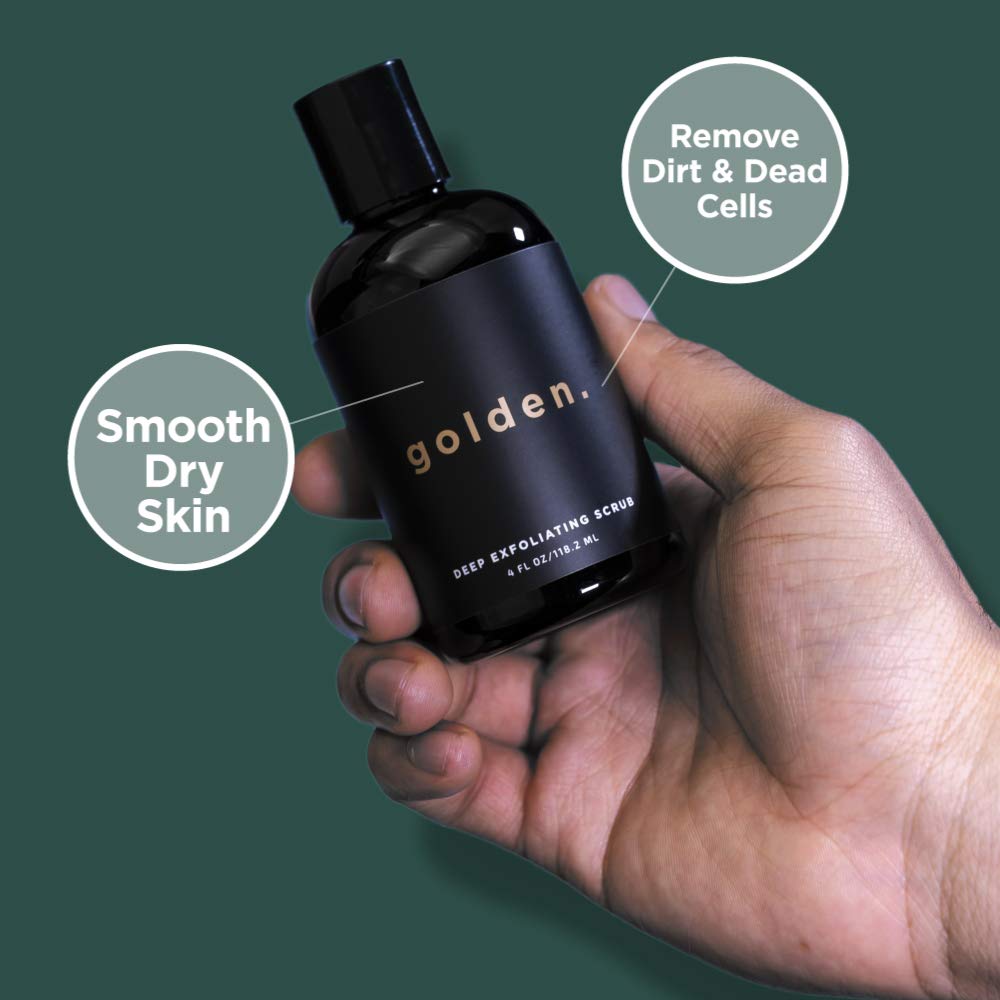 Golden Grooming Co. Essential Men's Skincare Routine Set - Complete Face Care System | Face Wash, Deep Exfoliating Scrub, Moisturizer | Tweezers & 2 Lip Balm Sticks Included | 30 Day Supply