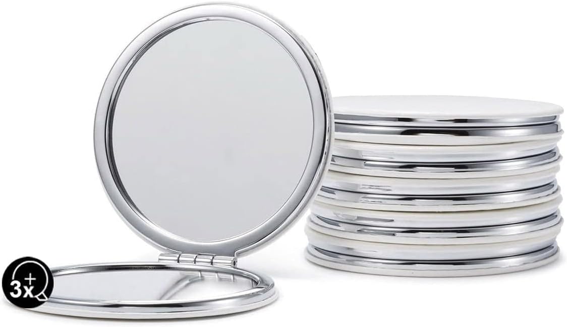 Compact Mirror Bulk, Set of 6 Round Double-Sided 1X/3X Magnification PU Leather 2.8" (White)
