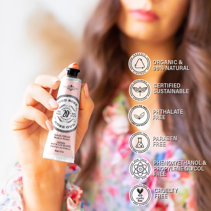 La Chatelaine Rose Hand Cream Trio Tin Gift Set, Ready-To-Gift Tin, Nautral, Made in France with 20% Organic Shea Butter, Nourishing and Moisturizing (Cherry Almond, Pear, Oud Rose)