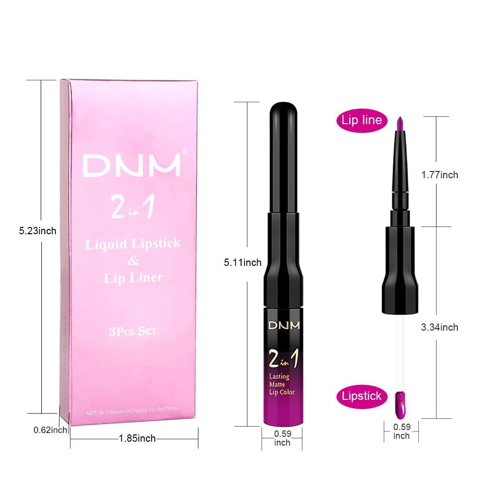 evpct 3Pcs Purple Hot Pink Fuschia Red Matte Lip Liner & Liquid Lipstick Stain Makeup Set for Women, Lip Liner Stain Long Lasting Waterproof Smudge Proof, Cruelty Free Lip Makeup 24 hours originales