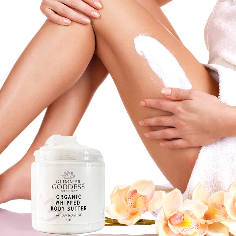 Glimmer Goddess Organic Whipped Body Butter for Women - Moisturizer Cream with Shea & Cocoa Butter, Almonds & Coconut Oil - Strawberries & Cream, 8oz