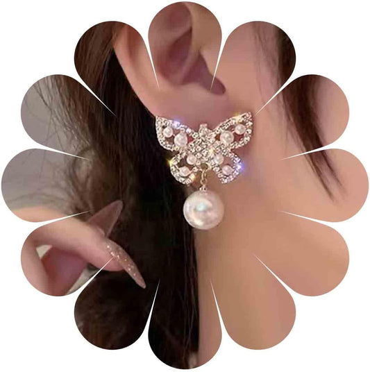 Vintage Crystal Pearl Butterfly Earrings Butterfly Pearl Drop Earrings Gold Rhinestone Butterfly Stud Earrings Cz Cluster Pearl Earrings Jewelry for Women