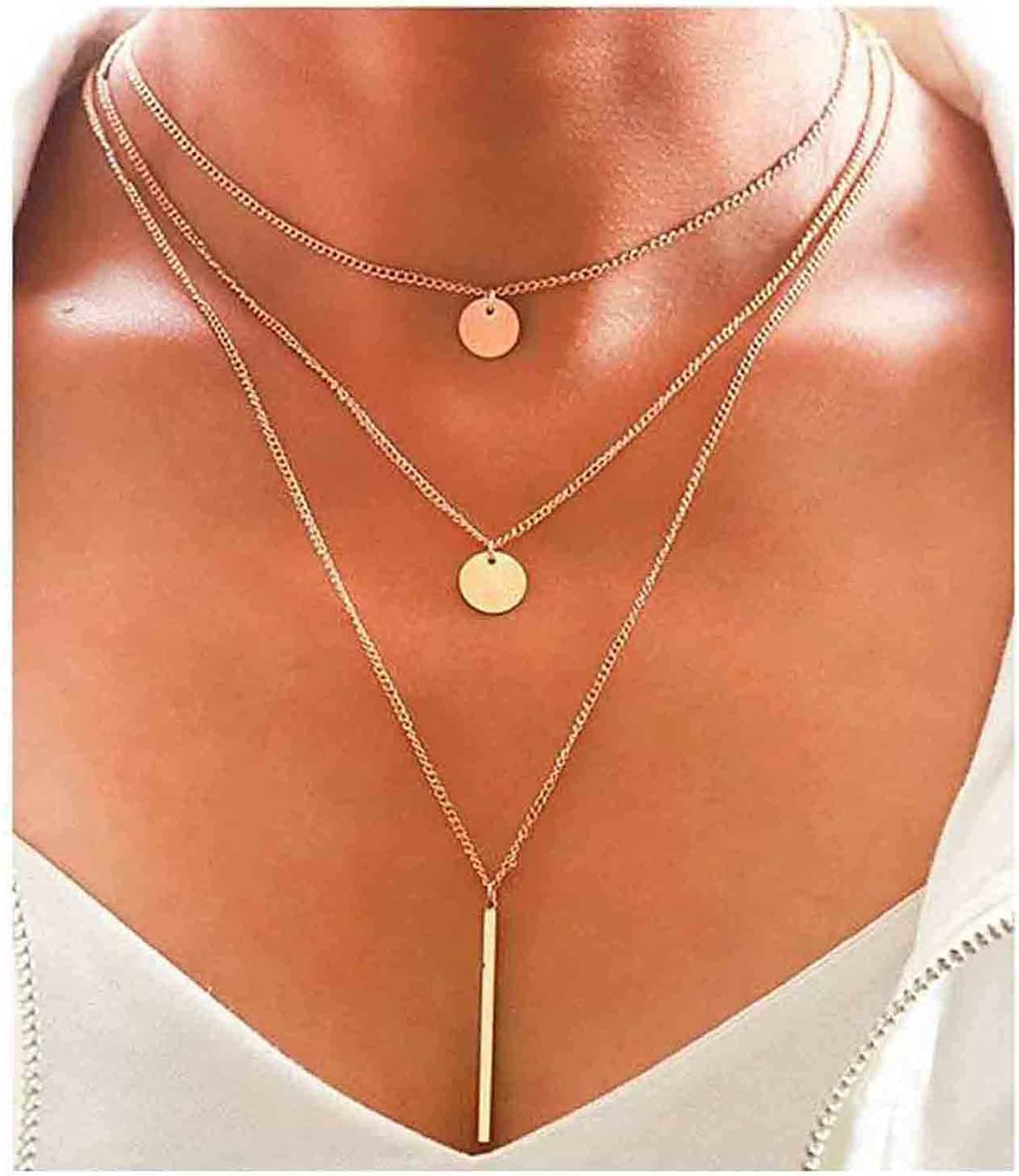 Boho Layered Coin Bar Necklace Gold Disc Pendant Necklace Chain Multi Layer Vintage Necklace Jewelry for Women and Teen Girls