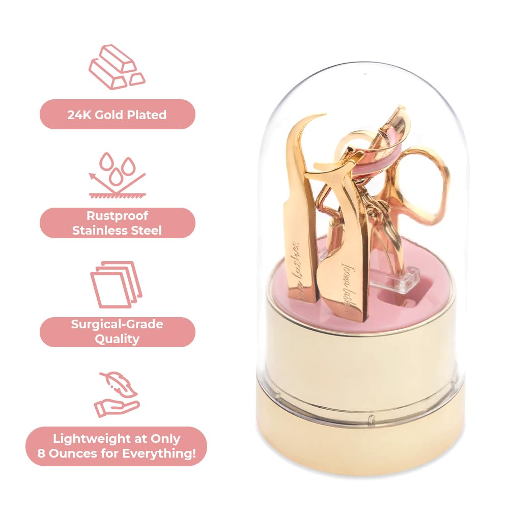 4-in-1 False Eyelash Tool Kit - DIY Lash Extension Kit with Tweezer, Curler, Scissors, Applicator - 24K Gold Plated Stainless Steel Accessories in Clear Dome Organizer, Beautiful Gift Box