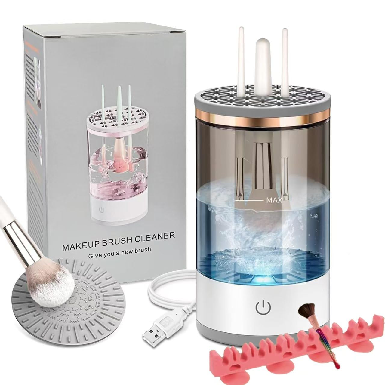 Makeup Brush Cleaner Machine, Portable Electric Makeup Brush Cleaner, Efficient Deep Cleaning Makeup Brushes, Automatic Spinning Make Up Brush Cleaner Fit for All Size Cosmetic Brush (Grey)