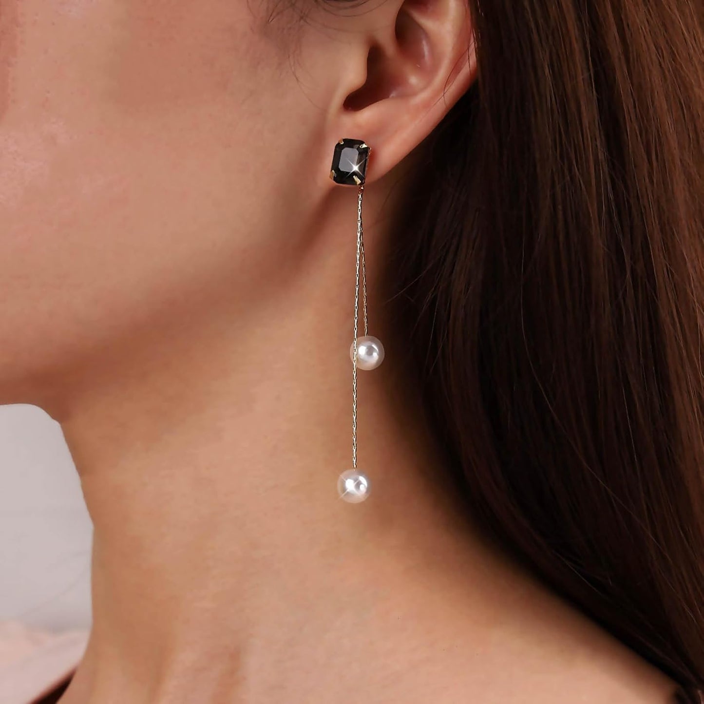 Vintage Black Crystal Pearl Drop Earrings Gold Long Tassel Pearl Earrings Rhinestone Pearl Chain Earrings Black Square Crystal Earrings Jewelry for Women