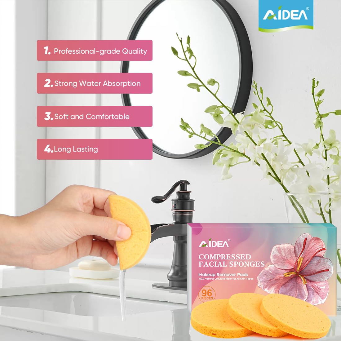 AIDEA 96Count Compressed Facial Sponges, Face Sponges for Cleansing, Cosmetic Makeup Sponges for Facial Cleansing, Facial Sponges for Washing Face, Exfoliating, Makeup Removal, Travel Essentials