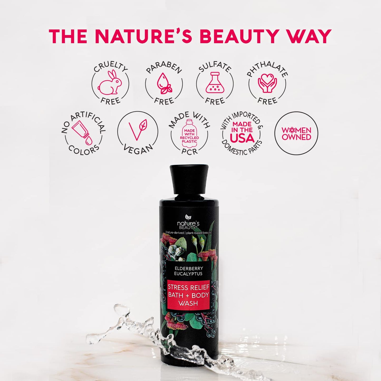 Nature's Beauty Elderberry Eucalyptus Stress Relief Body Wash Multi-Pack - Gentle Bath + Body Cleanser, Restore Skin Made w/Shea Butter, Avocado Oil, and Sweet Almond Oil, 12 fl oz (2 Pack)