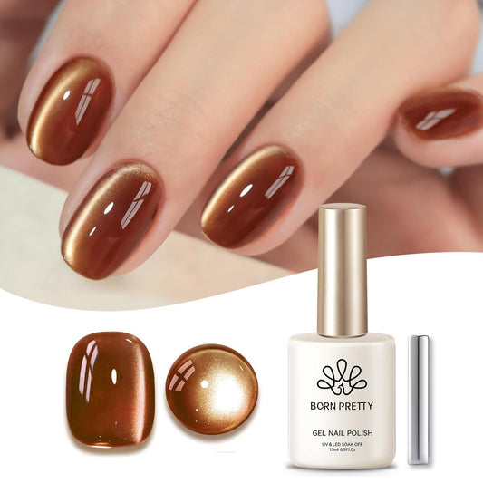 Born Pretty Cat Magnetic Eye Gel Nail Polish, Brown Moonlight Cat Magnetic Gel, Fall Winter Glitter Magnetic Soak Off U v Nail Gel Diy Art for Girls Women 15ML