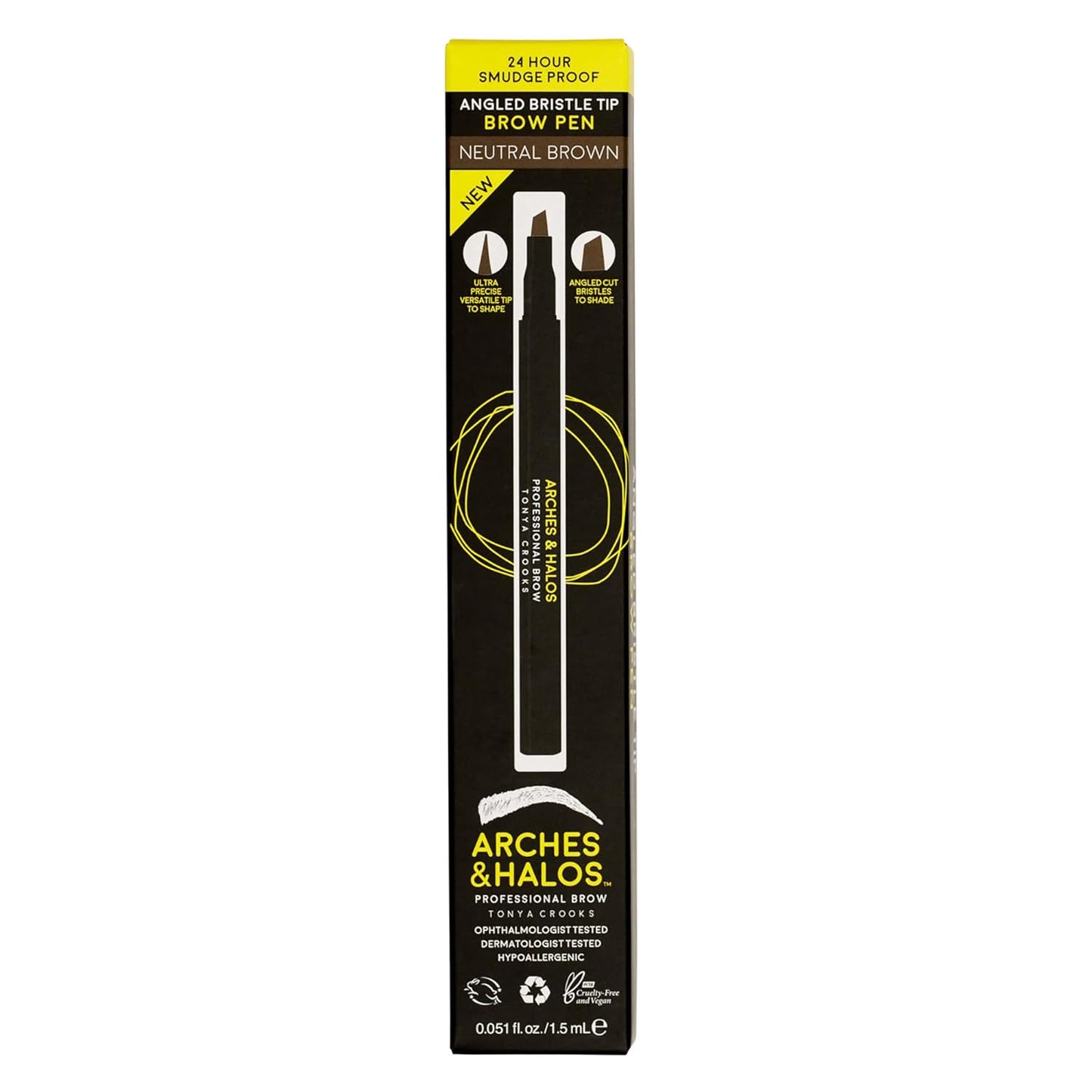 Arches and Halos Angled Bristle Tip Waterproof Brow Pen - Water Based and Smudge Proof Eyebrow Pencil - Extended Wear - Neutral Brown - 0.051 oz