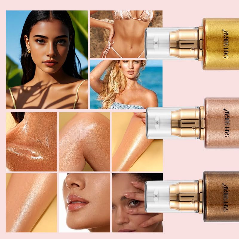Shimmer Body Oil, Long Lasting Moisturizing Body Glow Glitter for Women Face Luminizer Highlighter Makeup 100ml Shimmer Oil for Glowing Skin Lotion (Dark Brown Gold)