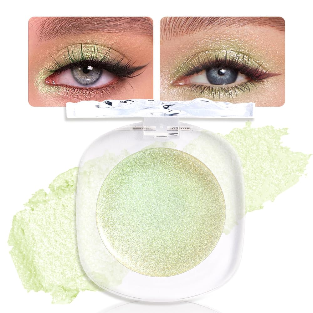 Light Green Cream Glitter Shimmer Metallic Eyeshadow Palette Makeup, Natural Single Mini Instant Holographic Eyeshadow For Women Halloween Birthday Party Wear, Sombras Crema Para Ojos