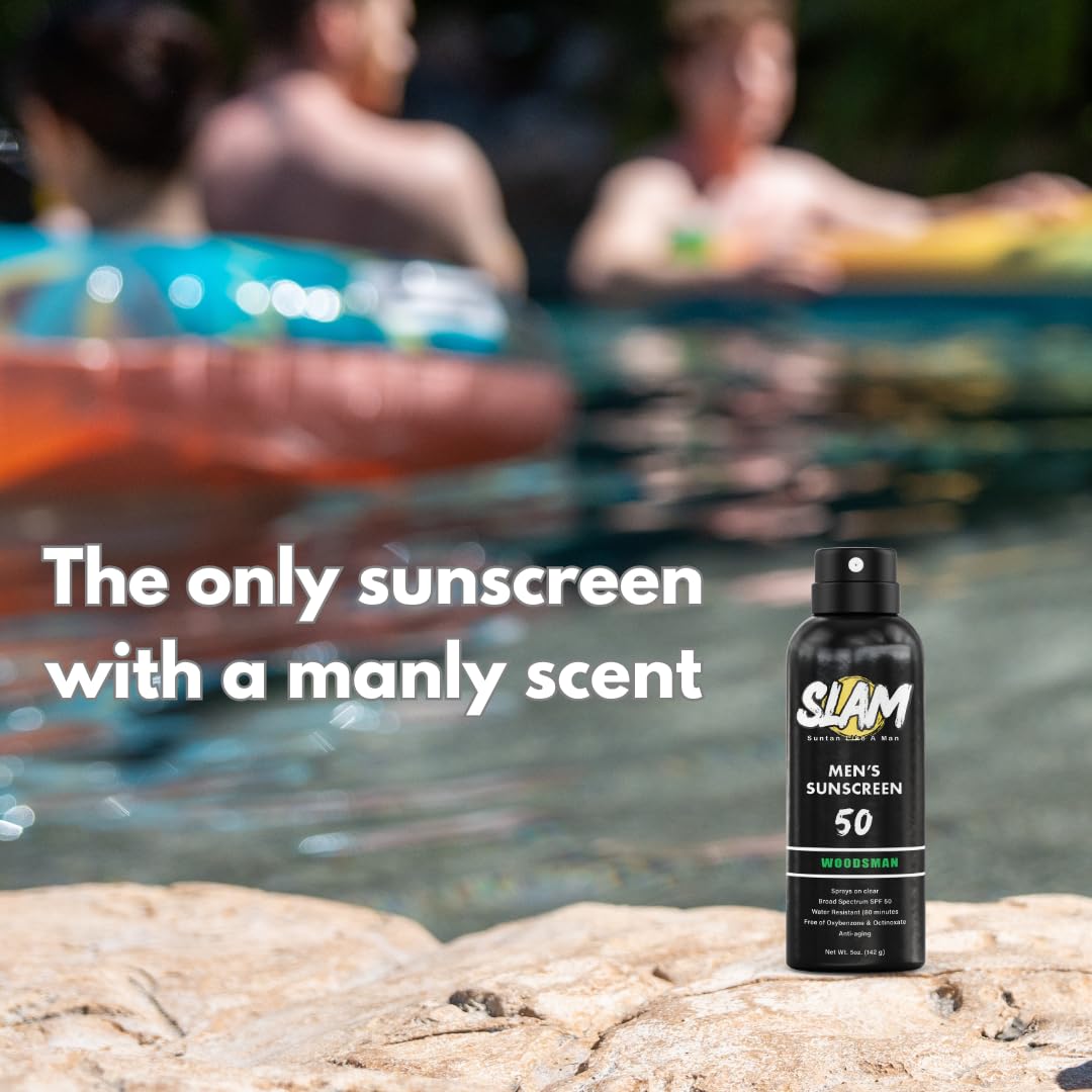 SLAM WoodsMan Men's Scented Sunscreen Spray SPF 50 – Broad Spectrum Sun Screen for Face & Body, Waterproof & Sweat Resistant Spray Sunscreen SPF 50, UVA/UVB Protection, Mens Sunblock