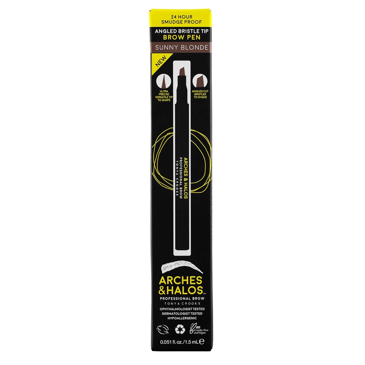 Arches and Halos Angled Bristle Tip Waterproof Brow Pen - Water Based and Smudge Proof Eyebrow Pencil - Extended Wear - Sunny Blonde - 0.051 oz
