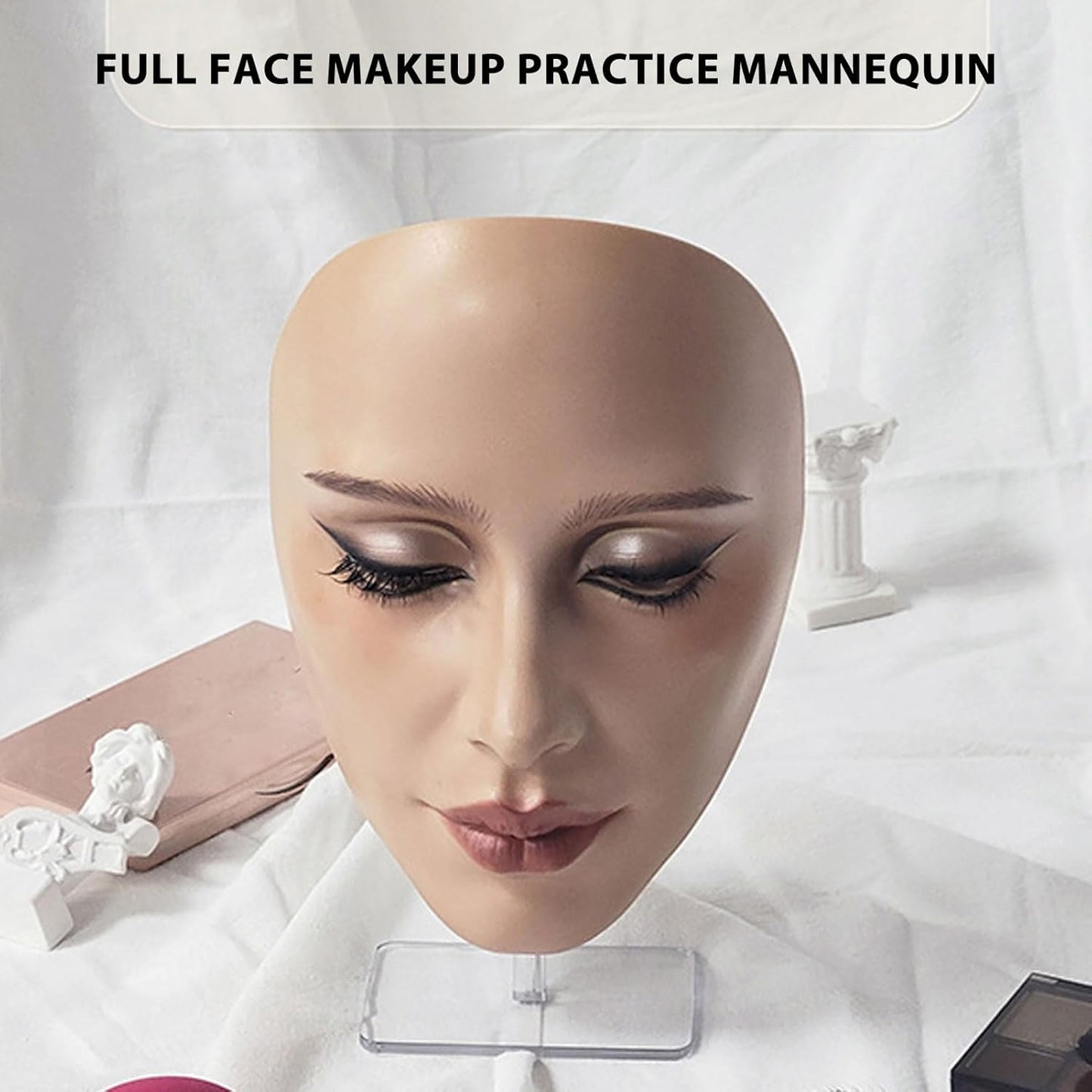 Silicone Full Face Mannequin, Makeup Mannequin Face Elastic with 20ml Makeup Remover Oil Stand for Eyelash (Black)