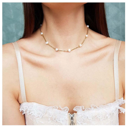Boho Pearl Choker Necklace Floating Pearl Station Necklace Gold Tiny Pearl Beaded Necklace Chain Bridal Necklace Jewelry for Women and Girls Gifts