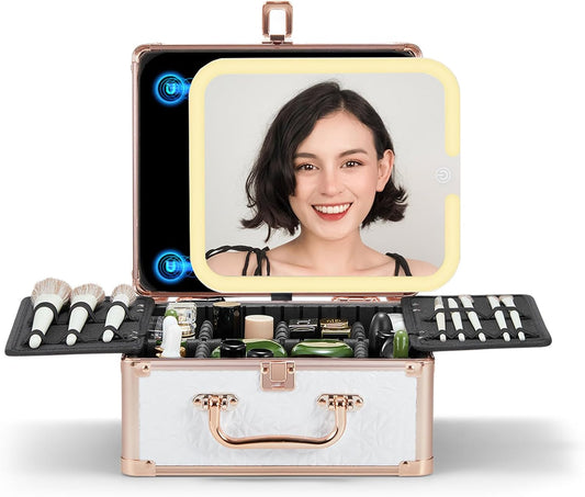 OMIRO Makeup Case, Makeup Bag with Light Up Mirror Set, Makeup Organizer Bag with Magnet Makeup Mirror for Women and Girls