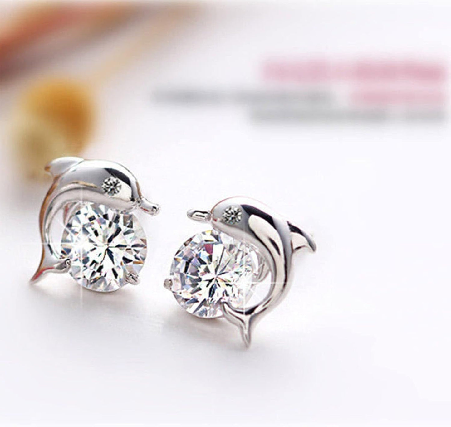 Silver Dolphin CZ Earrings Cute Animal Stud Earrings Tiny Earring Jackets Gifts for Women and Girls
