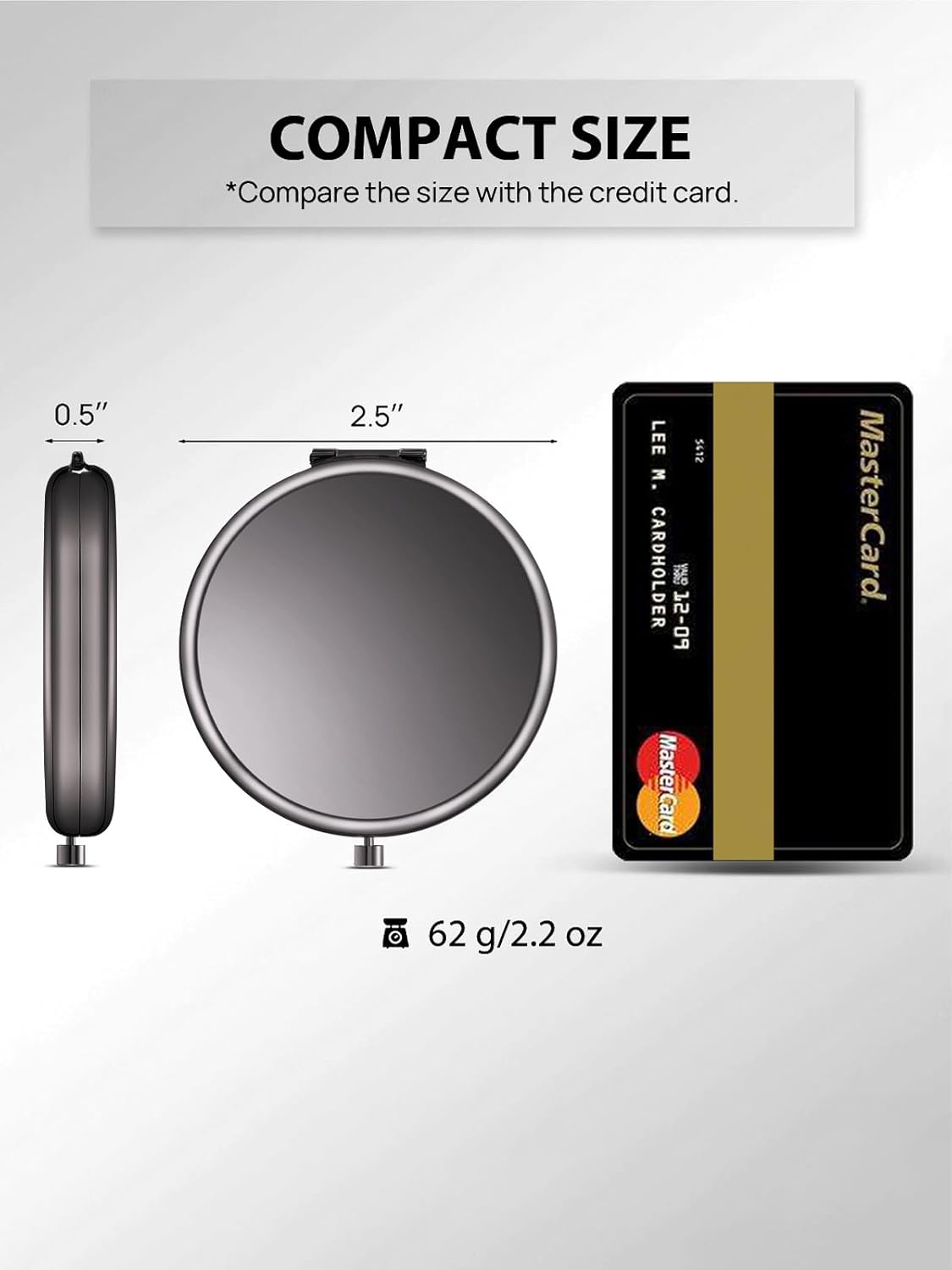 Compact Mirror for Purse, Double-Sided 1X/2X Magnifying Metal Pocket Makeup Mirrors(Round, Onyx Black)