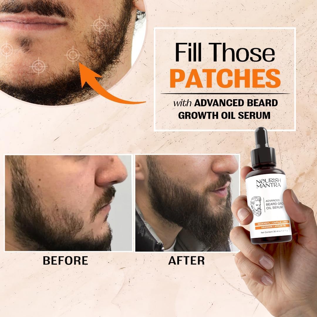 NOURISH MANTRA - Advanced Beard Growth Oil Serum | Made with Redensyl, Capilia Longa, Argan Oil, Vitamin E and Jojoba Oil for Fuller, Thicker & Healthier Beard Growth | Beard Oil Serum For Men | 30 ml