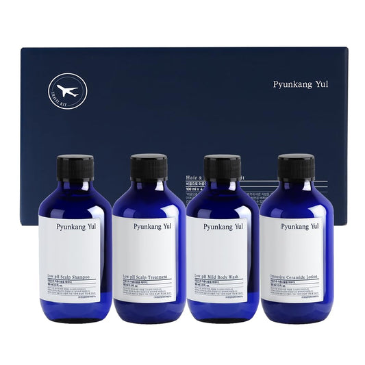 PYUNKANG YUL Hair&Body Travel Kit | Shampoo, Conditioner, Body Wash, Lotion, Spa Kit, 4 items | Low pH, Moisturizing, Soothing, Refreshing, Fragrance Free | Korean Skin Care | 3.38 Fl.Oz. x 4ea