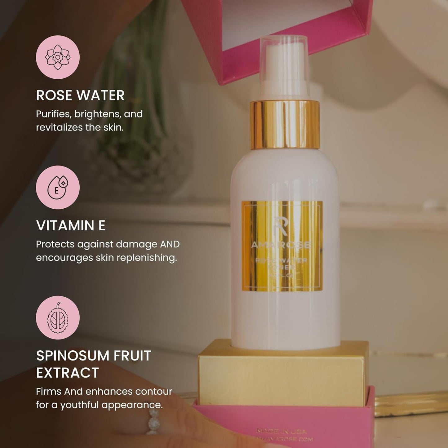 Amarose Rose Water Spray - Revitalizing, Facial Toner - Water for Face - Rose Water Toner - All Skin Types - Hydrating- Rosewater, Spray, Mist with Hyaluronic Acid