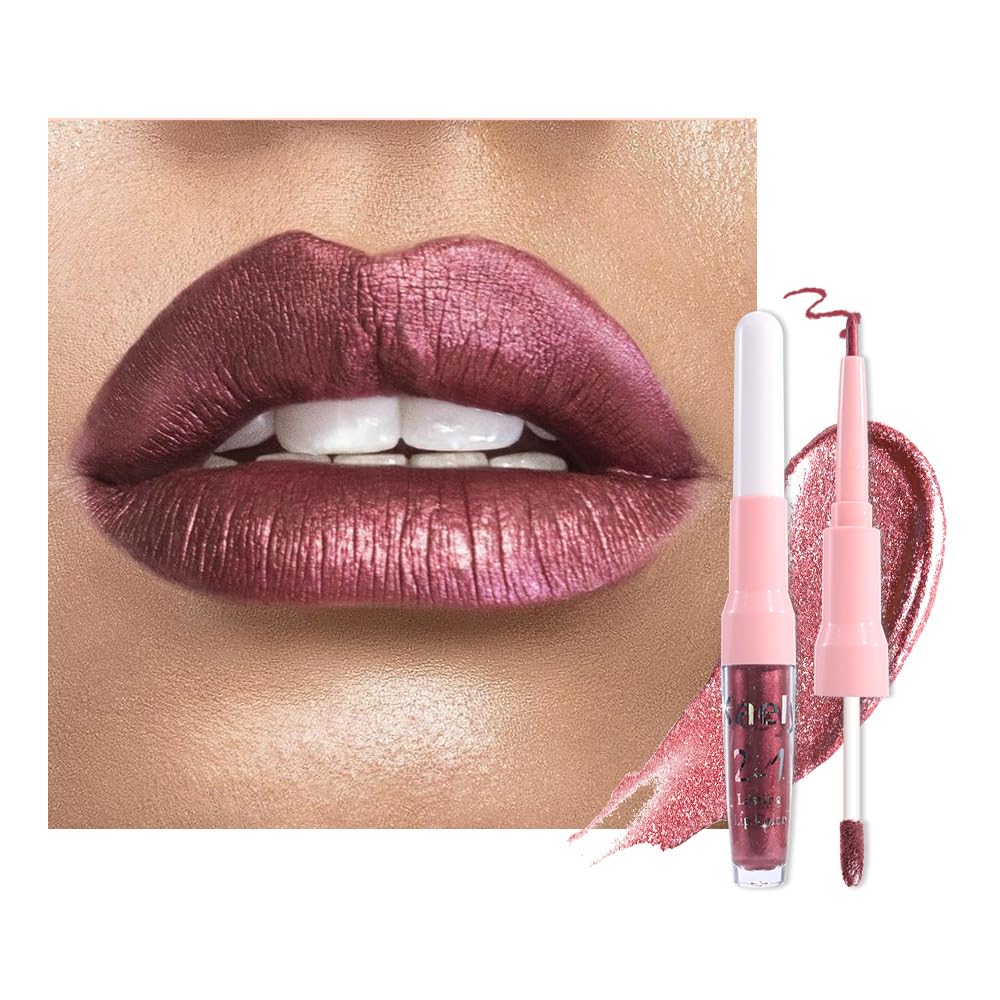 Kaely 2-in-1 Dark Wine Red Metallic Lipstick and Lip Liner, Shimmer Liquid Metallic Lipsticks for Women, Glitter Lip Gloss Stain Long Lasting Waterproof Smudge Proof 24 Hour, Vegan Makeup, 03